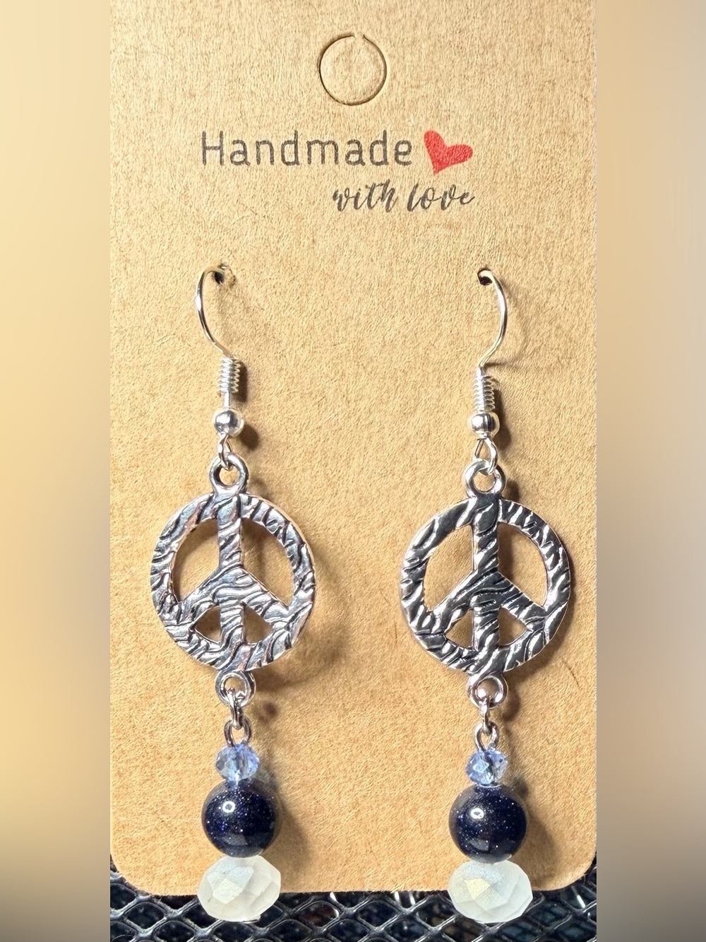 Handmade Silver Peace Sign Earrings with Navy and Pale Blue Beads